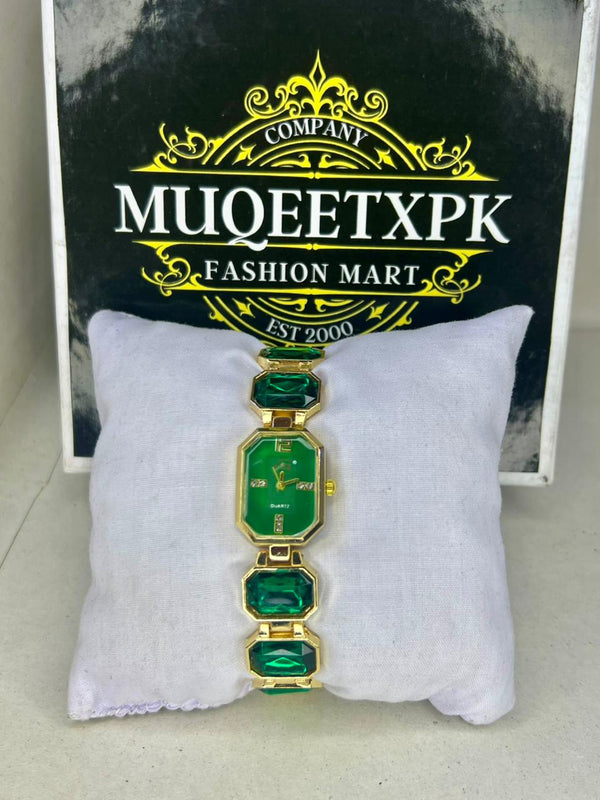 GAREEN STONE DAIMOND GOLD+GREEN STRAP [PERIMIUM FEEL+LOOK] HIGH QUALITY